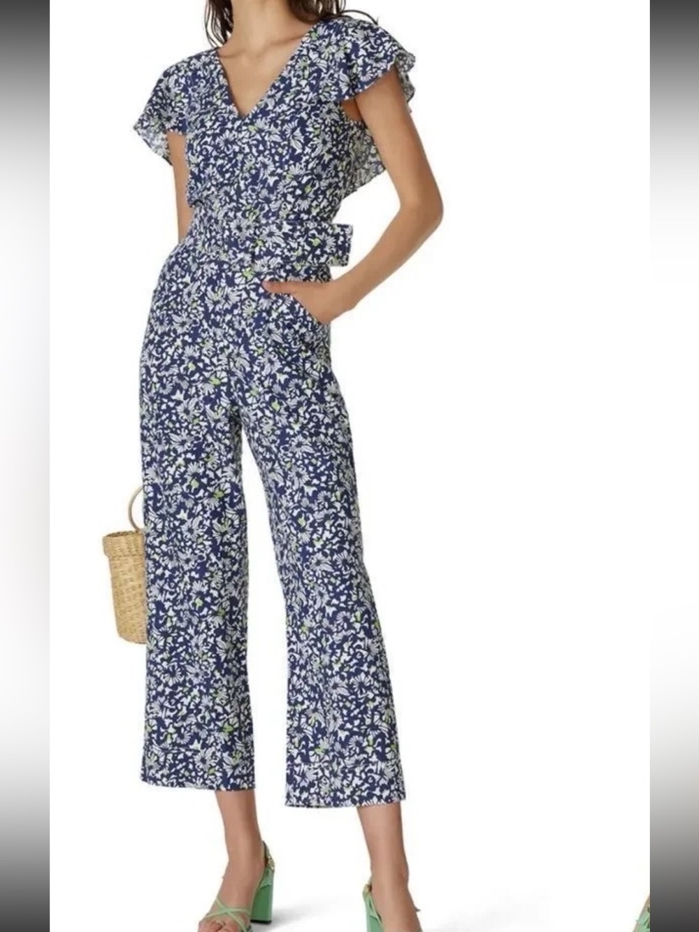 Tanya Taylor Navy Floral V-Neck Wide-Leg Jumpsuit with Lime Highlights